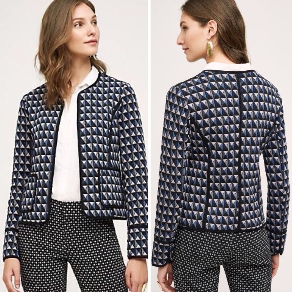 Anthropologie Hei Hei Quilted Geometric Vala Blazer Jacket Size L Blue Cozy $128